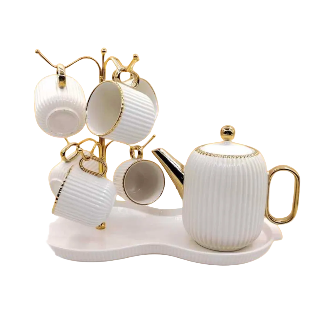 Royal Tea Set with Gold Accent & Cup Stand
