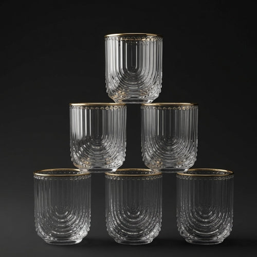 Ribbed Glass Tumblers with Gold Rims Set of 6