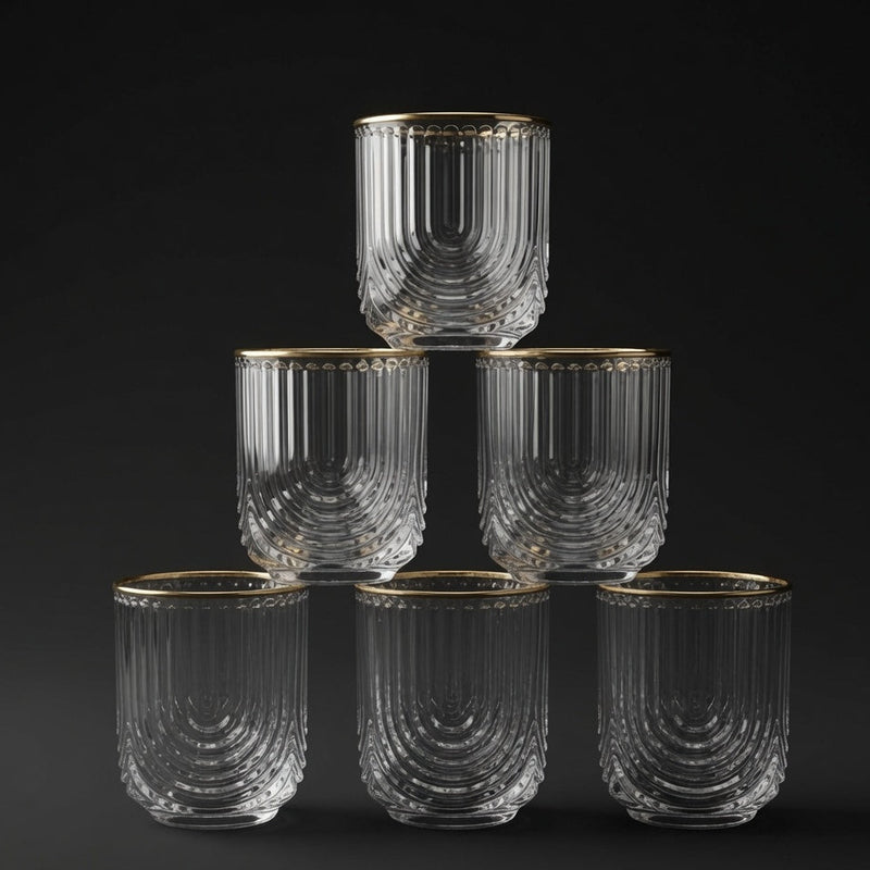 Ribbed Glass Tumblers with Gold Rims Set of 6