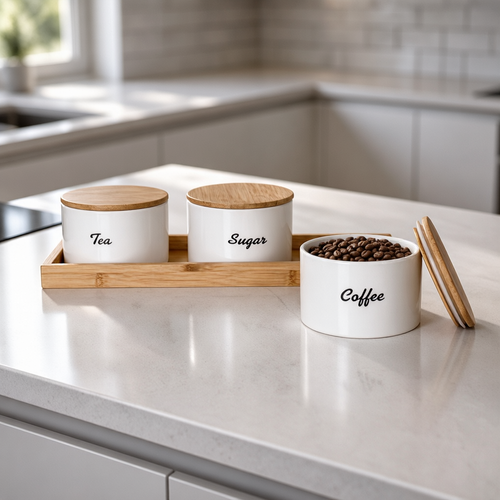 Luxury White Kitchen Storage Jar Set with Natural Wooden Tray Set of 3