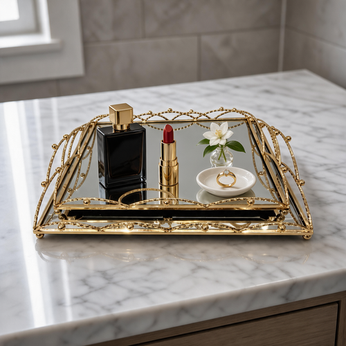 Luxury Golden Metal Framed Mirrored Vanity & Serving Trays