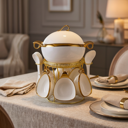 White & Gold Aura Ceramic Soup Serving Set