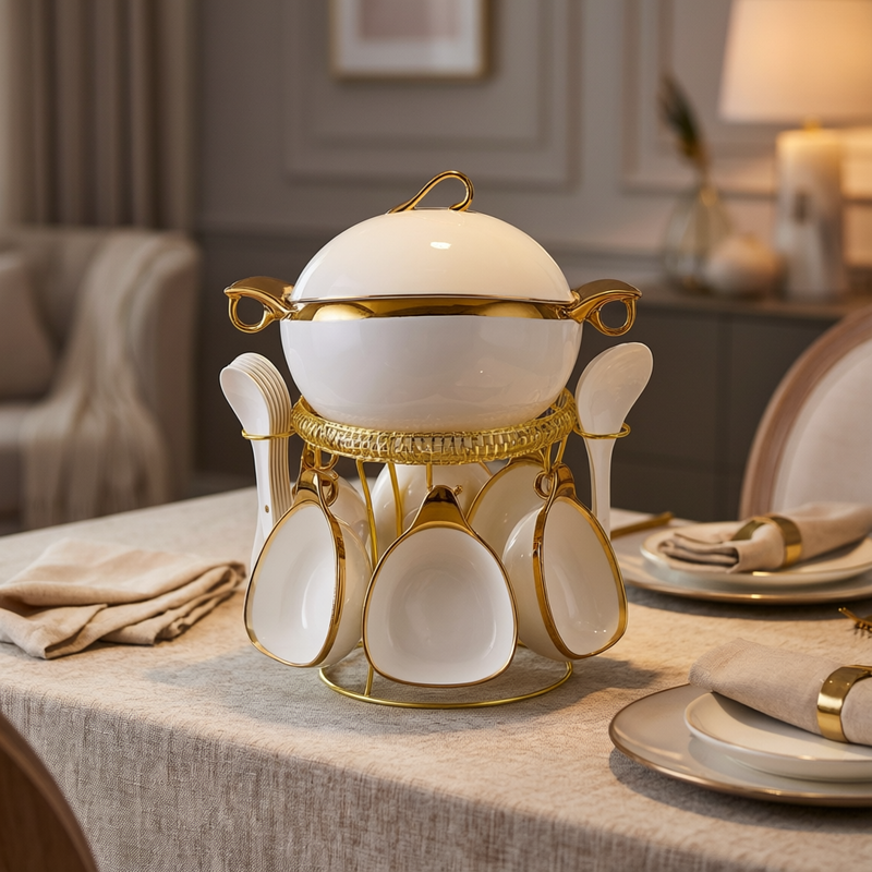 White & Gold Aura Ceramic Soup Serving Set