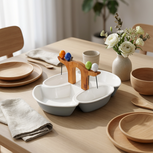 Multi-Compartment Serving Platter with Bamboo Handle & Skewers
