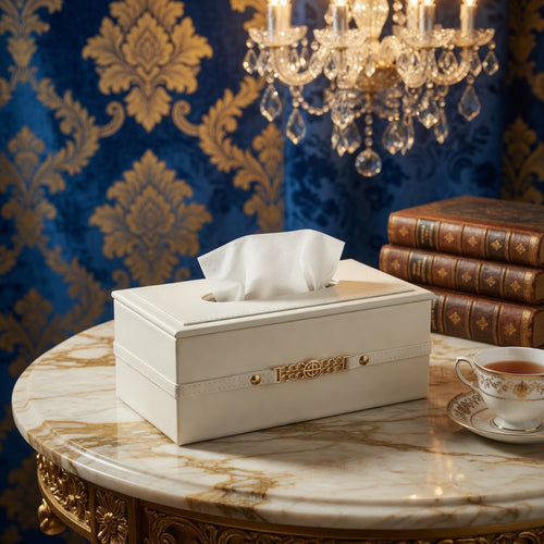 Modern Textured Tissue Dispenser – Off-White & Gold Accent