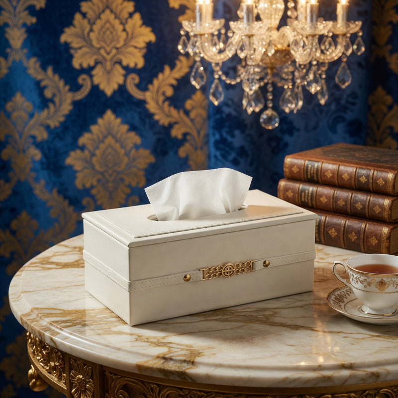 Modern Textured Tissue Dispenser – Off-White & Gold Accent