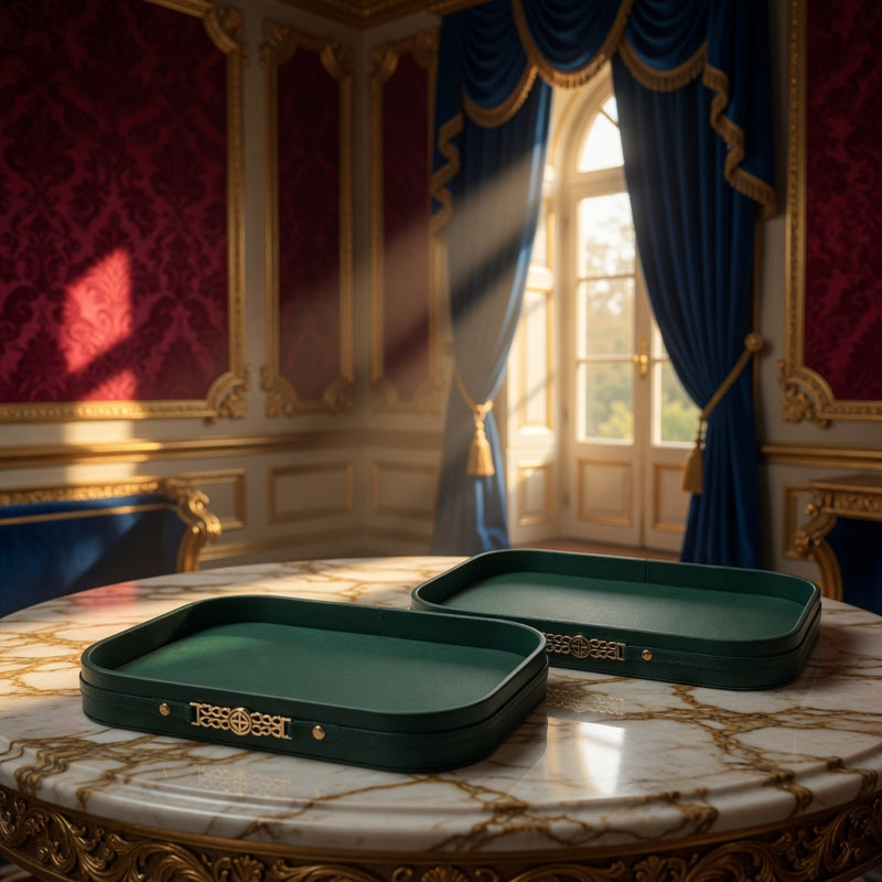 Luxury Emerald Green Faux Leather Decorative Trays with Gold Emblem Set of 2
