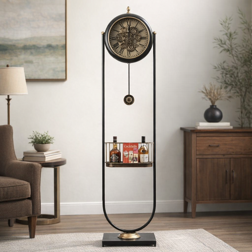 Vintage Industrial Grandfather Clock with Built-In Display Shelf