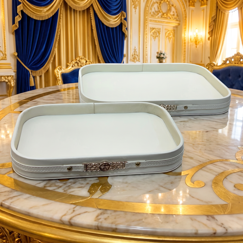 Modern Off-White Leatherette Serving & Vanity Trays – Gold Hardware Accent