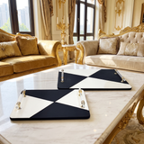 Modern Monochrome Faux Leather Serving Trays with Acrylic & Gold Handles Set of 2
