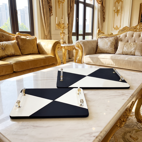 Modern Monochrome Faux Leather Serving Trays with Acrylic & Gold Handles Set of 2