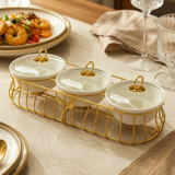 Luxury 3 Bowl Casserole Server Set with Gold Stand & Glass Lids