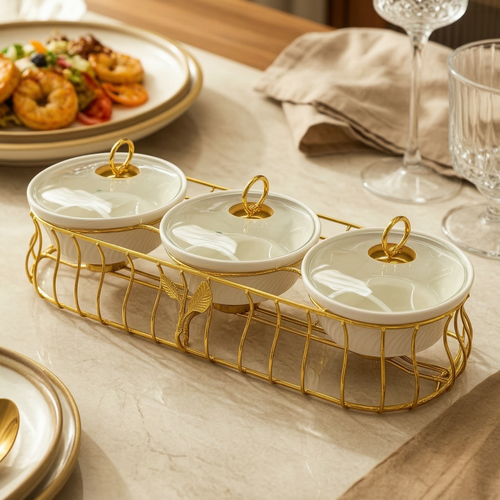 Luxury 3 Bowl Casserole Server Set with Gold Stand & Glass Lids