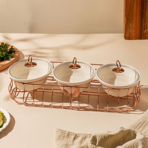 Luxury 3 Bowl Casserole Server Set with Gold Stand & Glass Lids