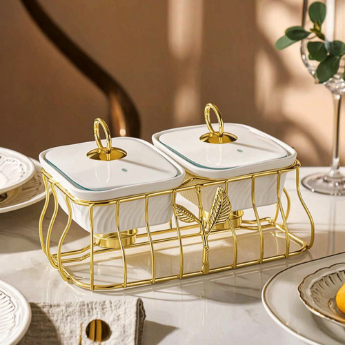 Luxury 2 Bowl Square Casserole Server Set with Glass Lids