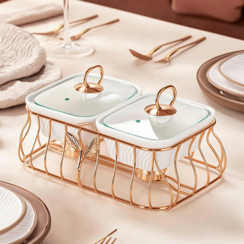 Luxury 2 Bowl Square Casserole Server Set with Glass Lids