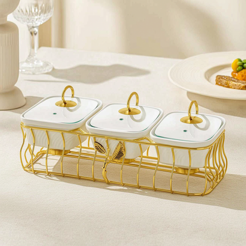 Luxury 3 Bowl Square Casserole Server Set with Glass Lids