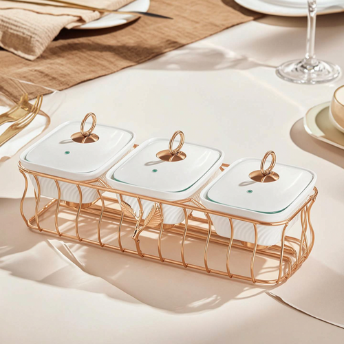 Luxury 3 Bowl Square Casserole Server Set with Glass Lids