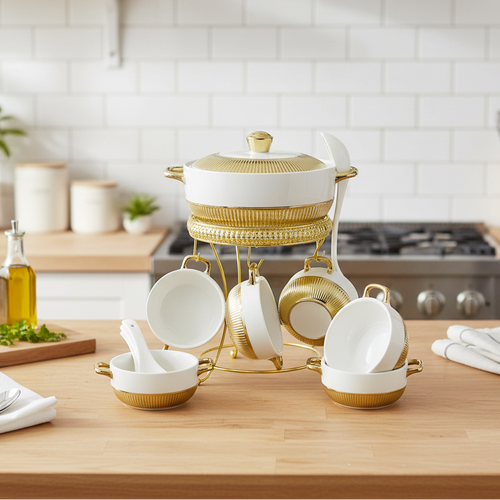 Imperial Soup Tureen & Serving Bowl Set with Gold Stand 13 piece
