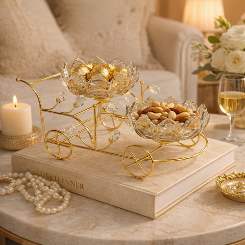 Luxury 2-Tier Lotus Glass Serving Bowls with Gold Cart