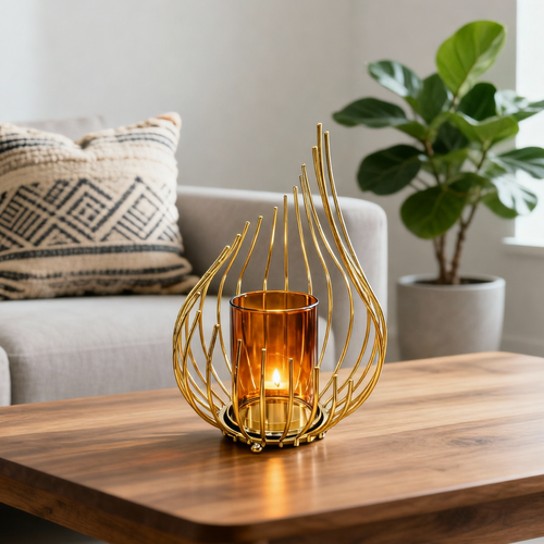 Golden Flame Glass Candle Holder