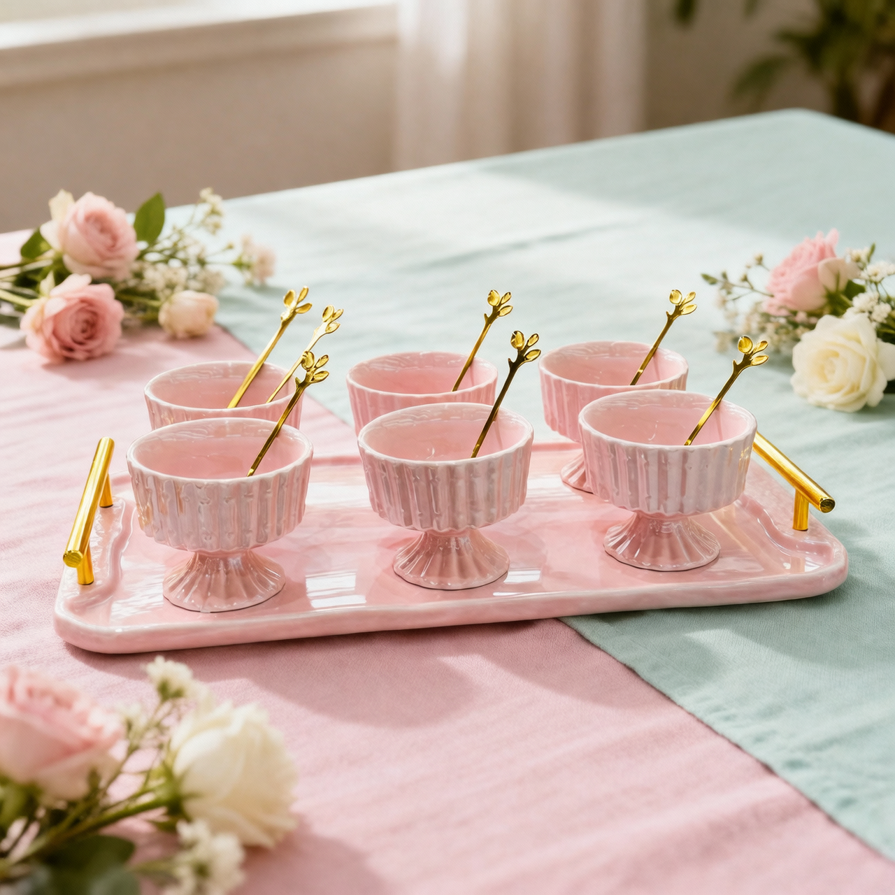 Elegant Ice Cream Cups with Gold Leaf Spoons & Tray 13 Piece