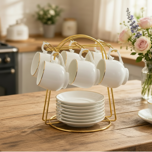 Elegant Teacup and Saucer Set with Gold Display Stand 13 Piece