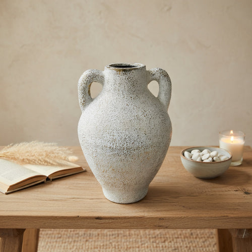 Antique White Grain Textured Vase with Handles