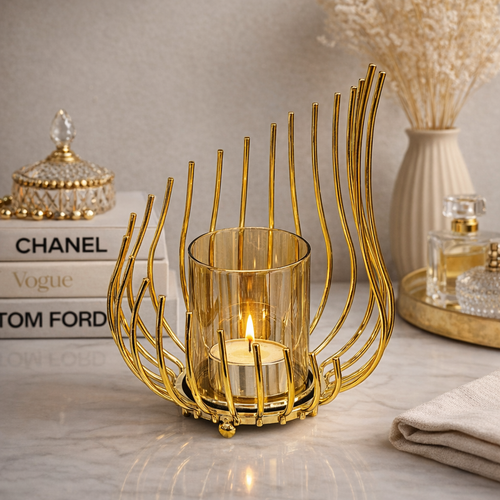 Elegant Gold Metal & Glass Decorative Candle Holder