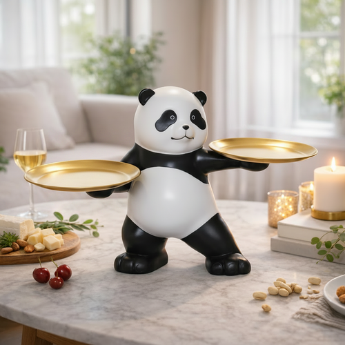 Elegant Panda with Dual Golden Tray Figurine