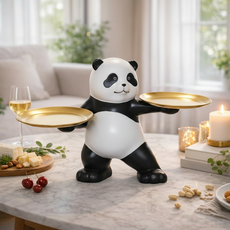 Elegant Panda with Dual Golden Tray Figurine