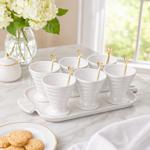 Elegant Ceramic Server Set with Golden Spoons & Tray