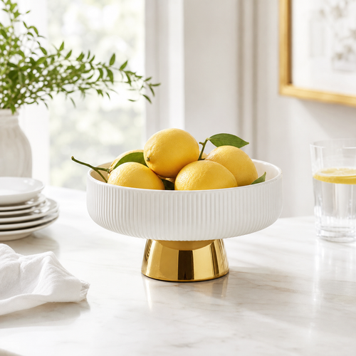 Elegant Ceramic Serving Bowl with Golden Base