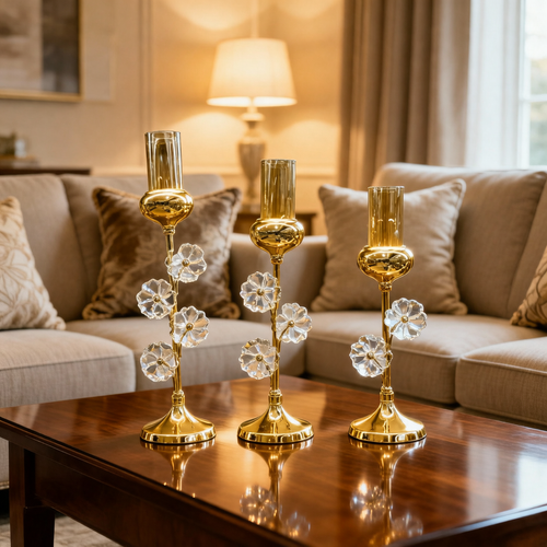 Modern Gold Trio Flower Stem Candle Holder Set of 3