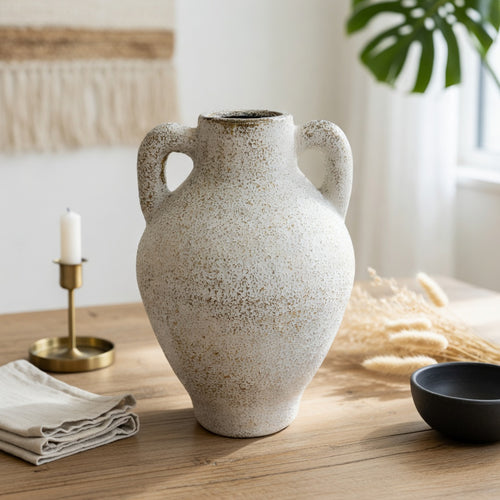 Antique White Grain Textured Vase with Handles