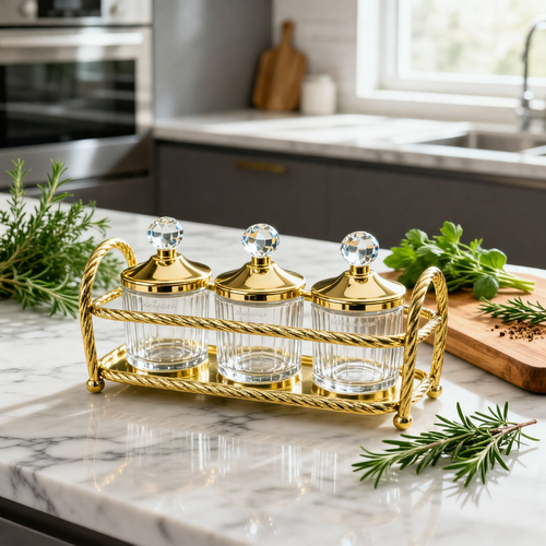 Luxury 3 Piece Glass Jar Set with Gold Carrier