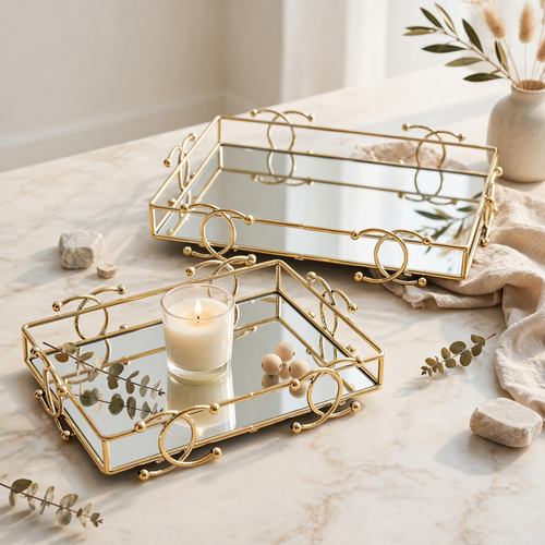 2 Piece Decorative Mirrored Vanity Tray Set