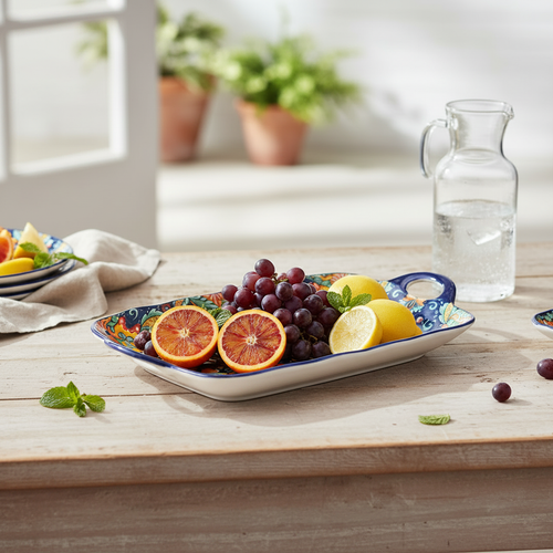 Elegant Blue Rectangular Serving Tray with Handles 13 inch