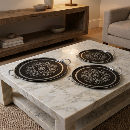 Elegant Round Black Gloss Serving Tray Set of 3