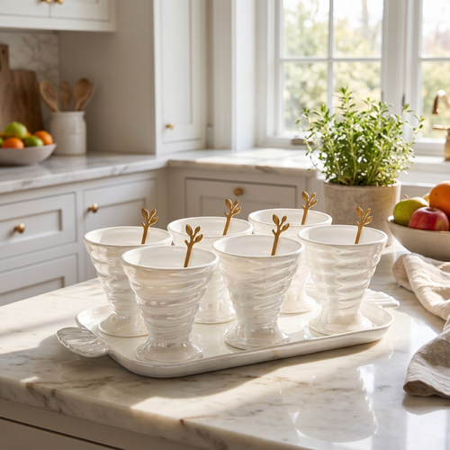Elegant Ceramic Server Set with Golden Spoons & Tray