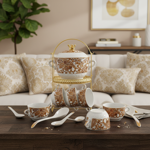Imperial Paisley Ceramic Soup & Serving Set with Gilded Stand