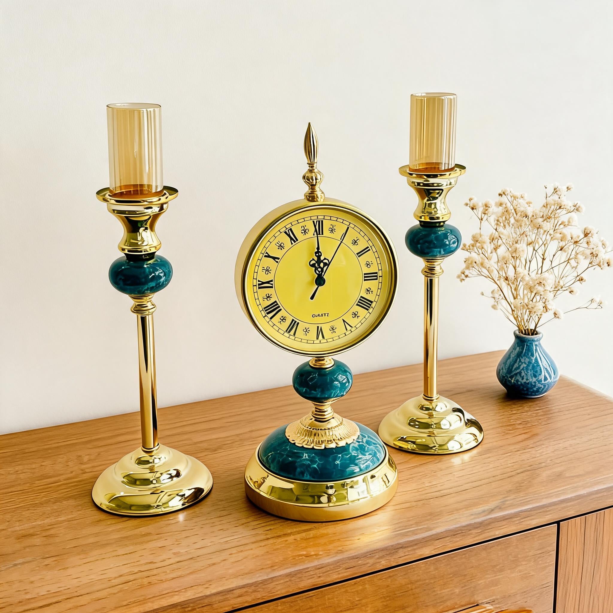 Elegant Quartz Clock & Tw Pillar Candle Holders Set of 3