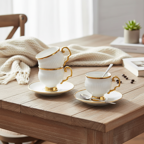 Vintage Gold Rim Ceramic Cup and Saucer Set of 6