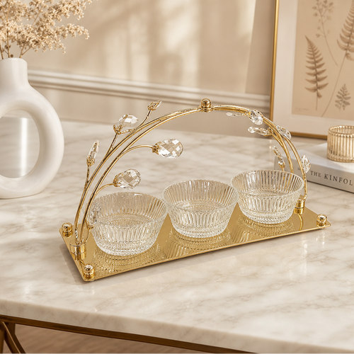 Elegant Glass Bowl Condiment Server with Gold Handle Set of 3