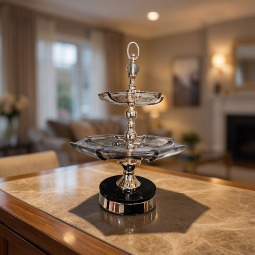Luxury 2-Tier Serving Stand with Gold Finish & Black Base