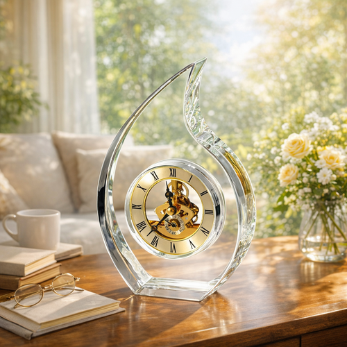 Elegant Leaf Shaped Crystal Glass Clock