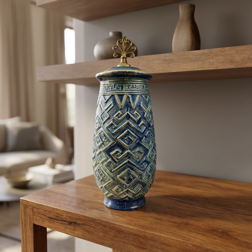 Elegant Blue & Gold Geometric Decorative Jar with Lid