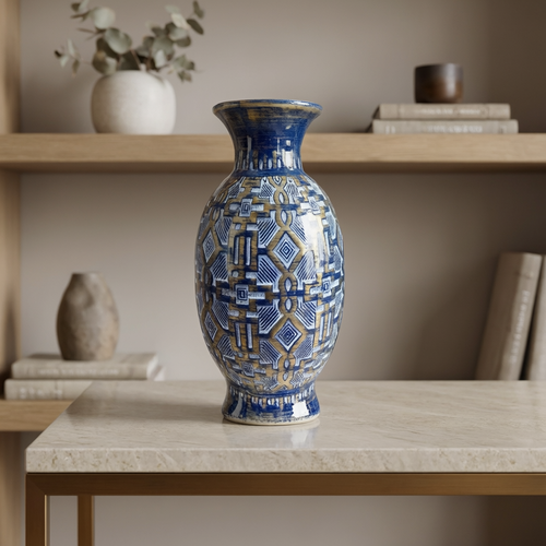Royal Blue and Gold Geometric Ceramic Vase