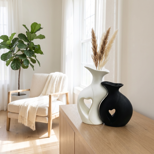 Elegant Textured Black & White Heart Vase Set of 2