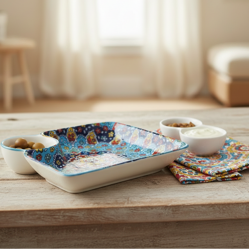 Elegant Blue Mandala Chip and Dip Serving Tray 7.25 Inch